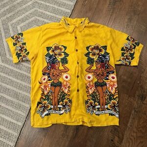 Vintage Mambo Loud Button Down Shirt Mens Large Hula Girl Wrench Yellow Hawaiian